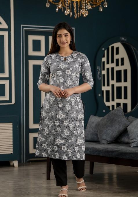 Grey Printed Cotton Kurta