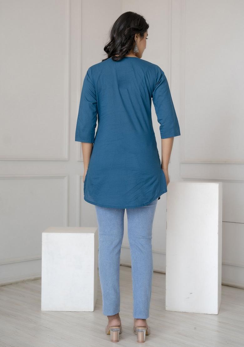 Teal Floral Cotton Kurta - Indya