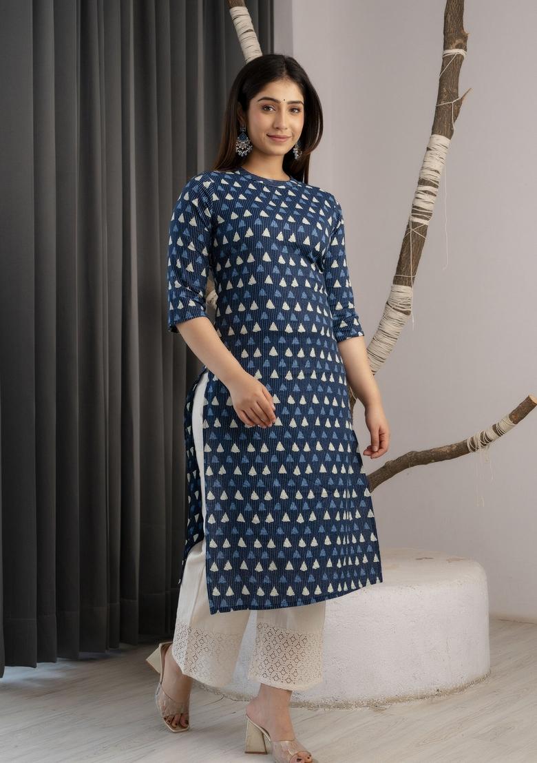 Blue Printed Cotton Kurta - Indya