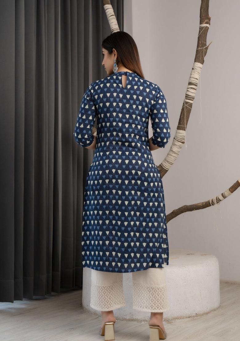 Blue Printed Cotton Kurta - Indya
