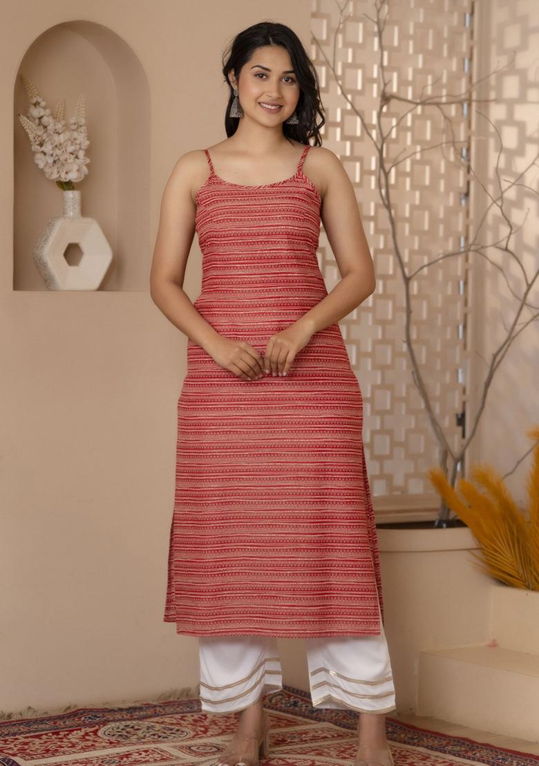 Red Printed Cotton Kurta - Indya