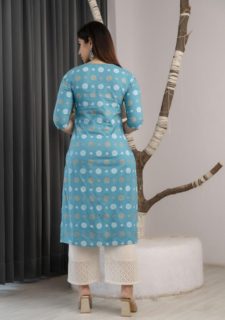 Blue Printed Cotton Kurta - Indya
