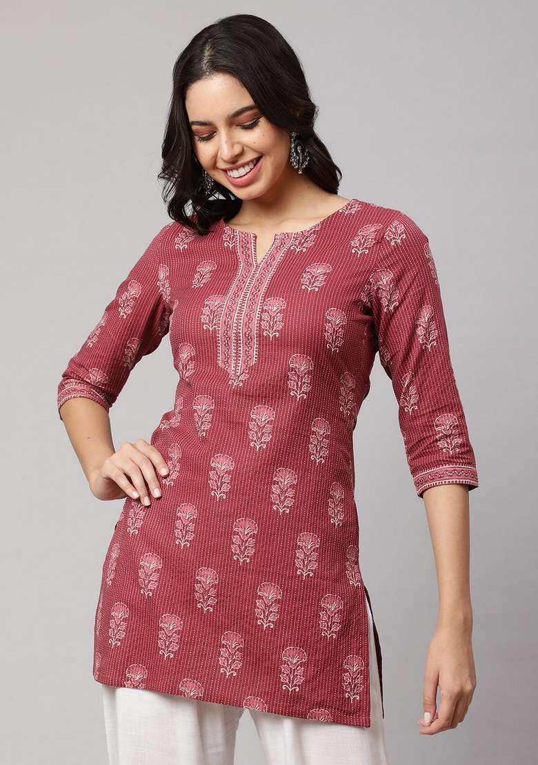 Mauve Printed Cotton Kurta - Indya