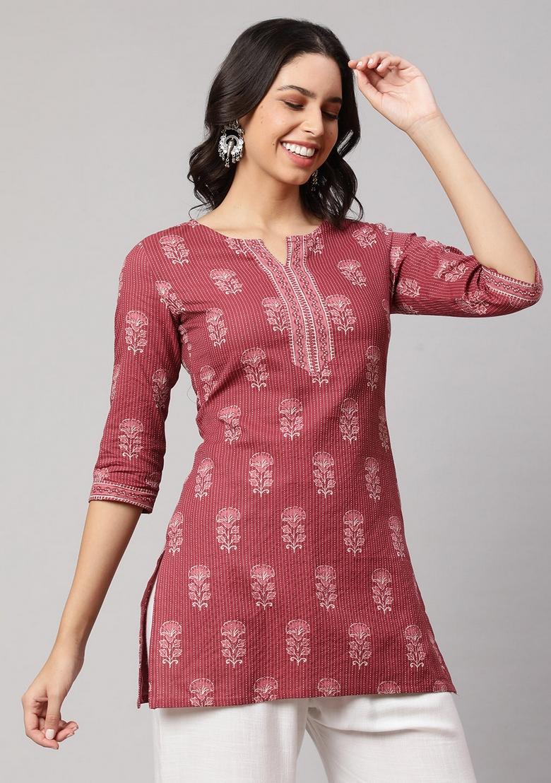 Mauve Floral Cotton Kurta - Indya
