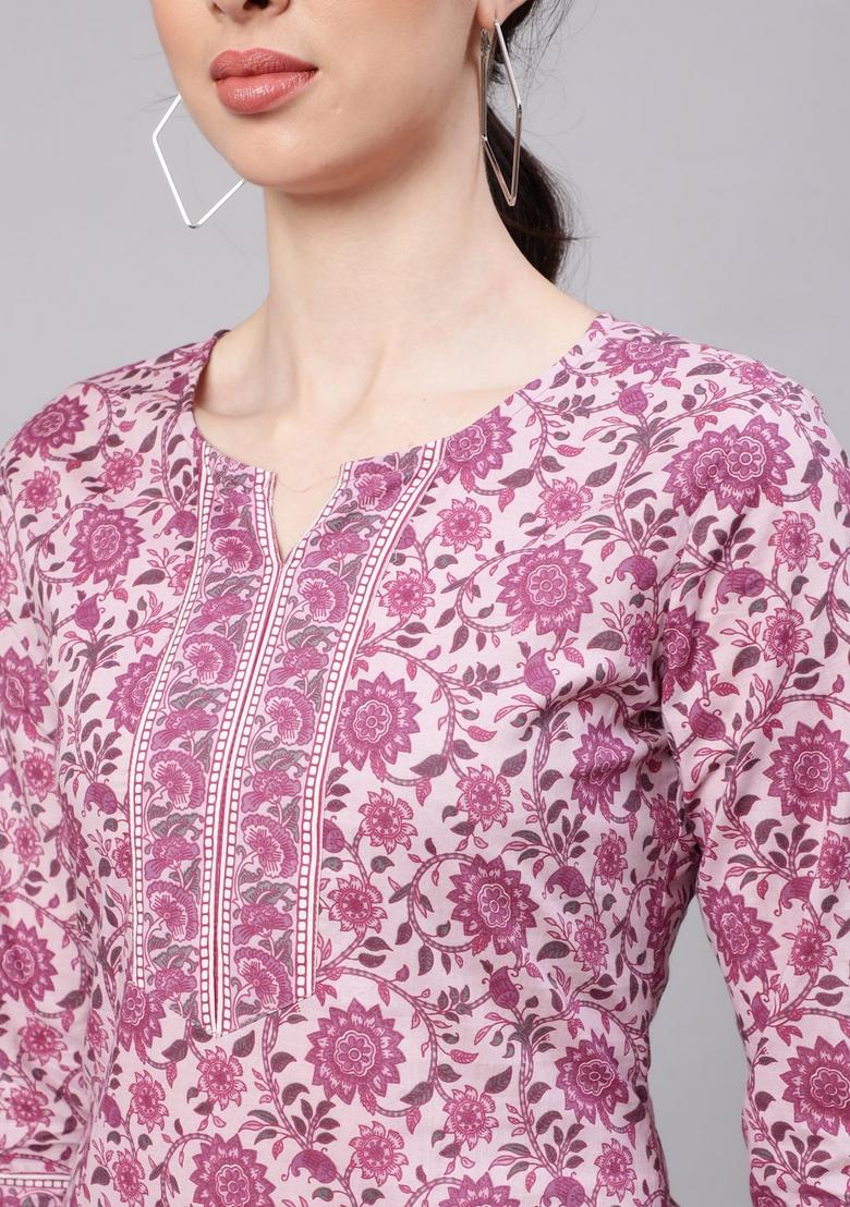 Pink Floral Cotton Kurta - Indya