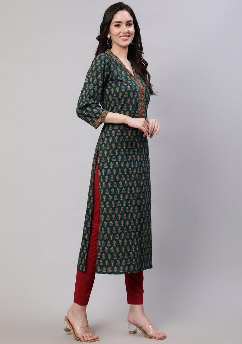 Green Printed Cotton Kurta - Indya