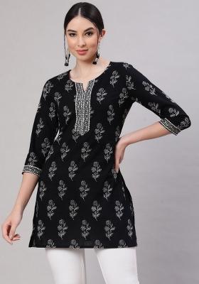 Black Floral Cotton Kurta