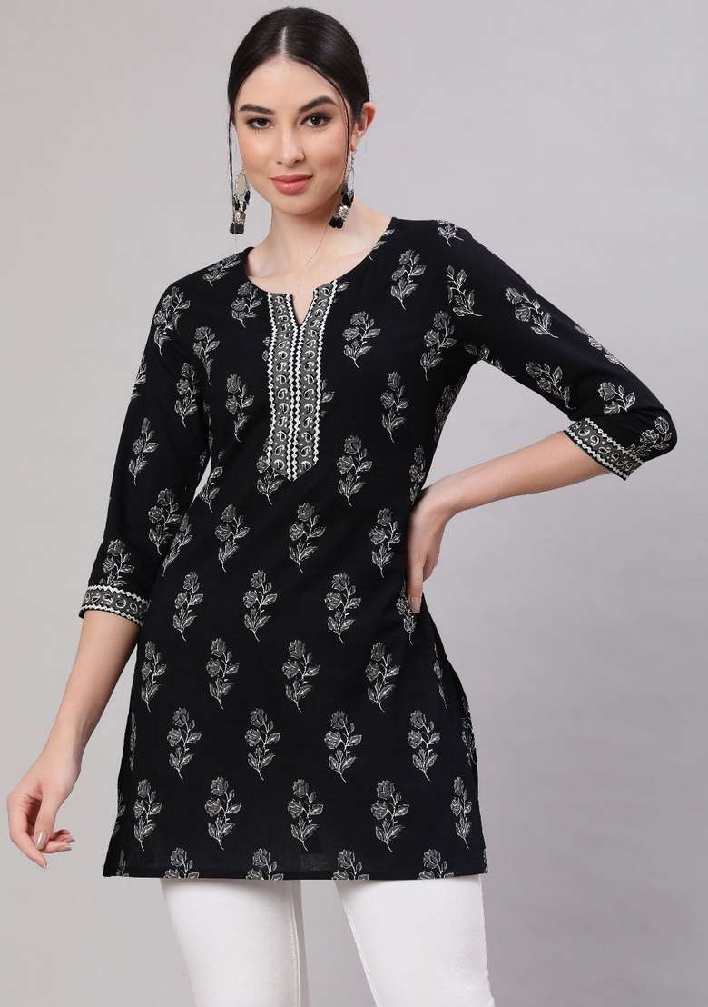 Black Printed Cotton Kurta - Indya