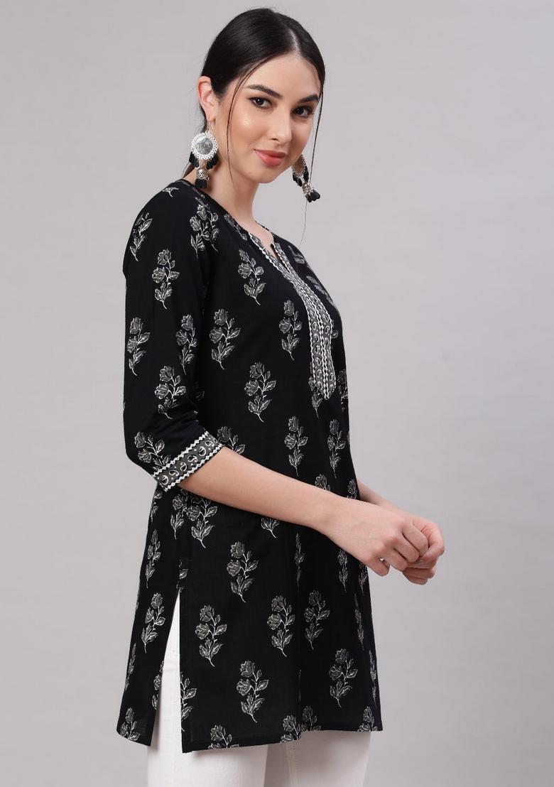 Black Floral Cotton Kurta - Indya