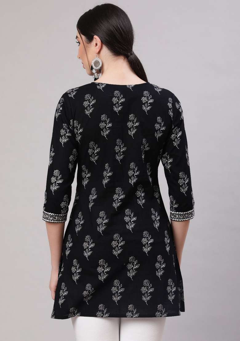 Black Printed Cotton Kurta - Indya