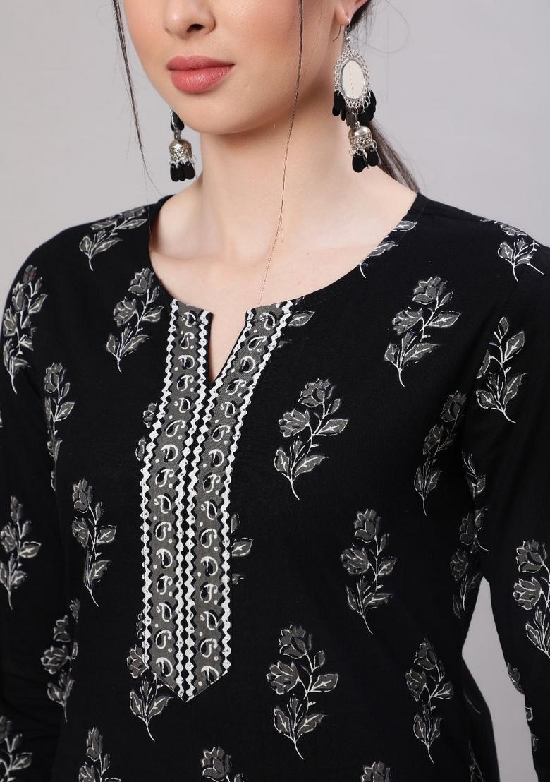 Black Floral Cotton Kurta - Indya