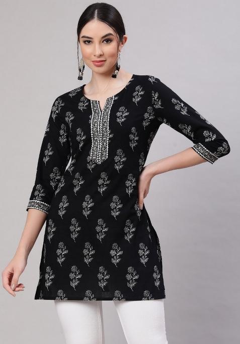 Black Floral Cotton Kurta