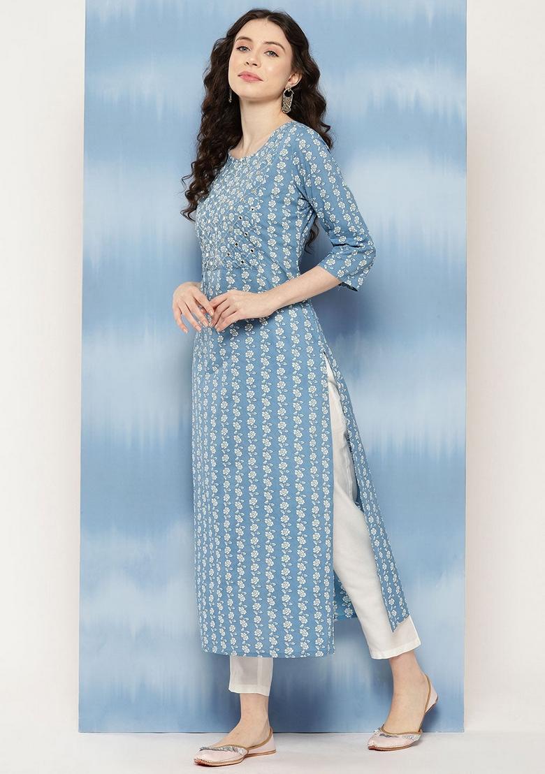Blue Floral Cotton Kurta - Indya