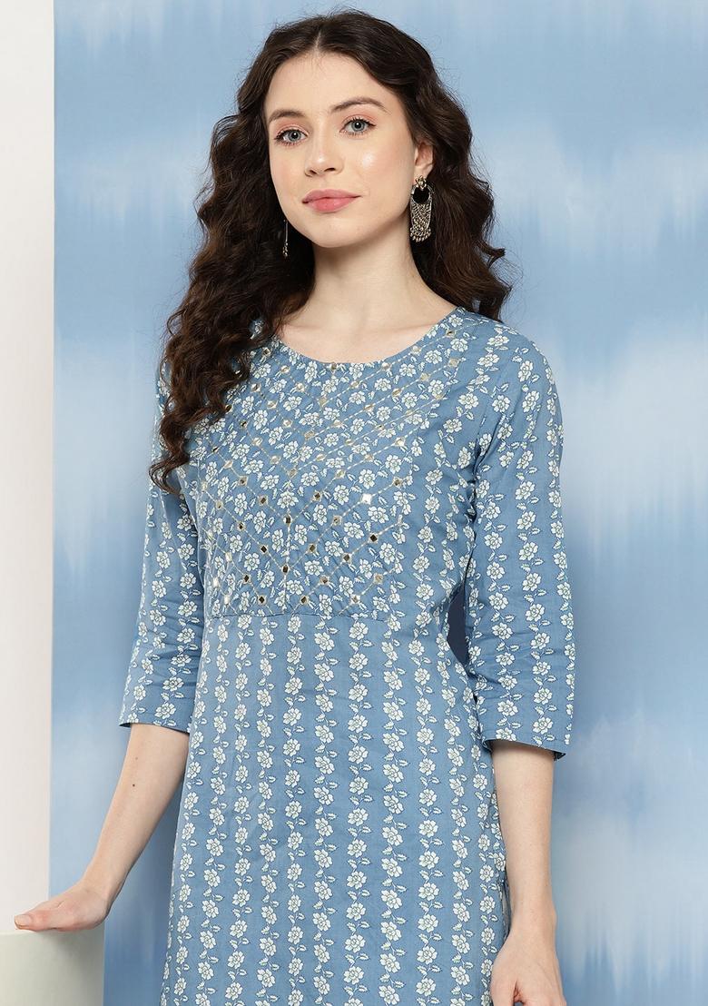 Blue Floral Cotton Kurta - Indya