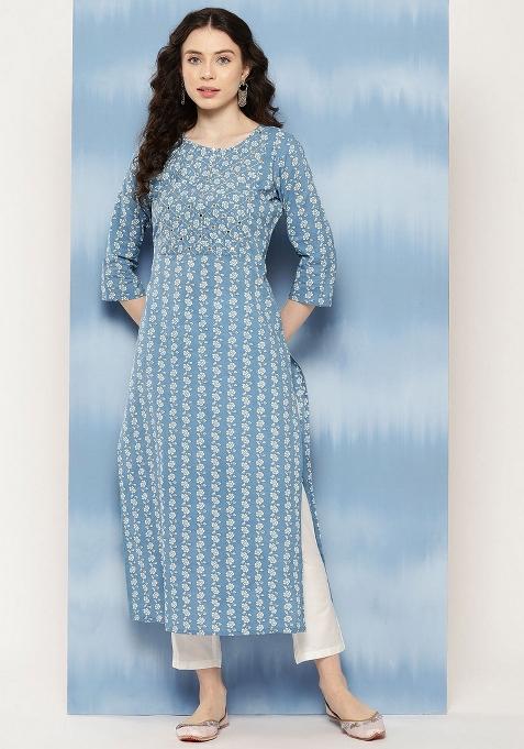 Blue Floral Cotton Kurta