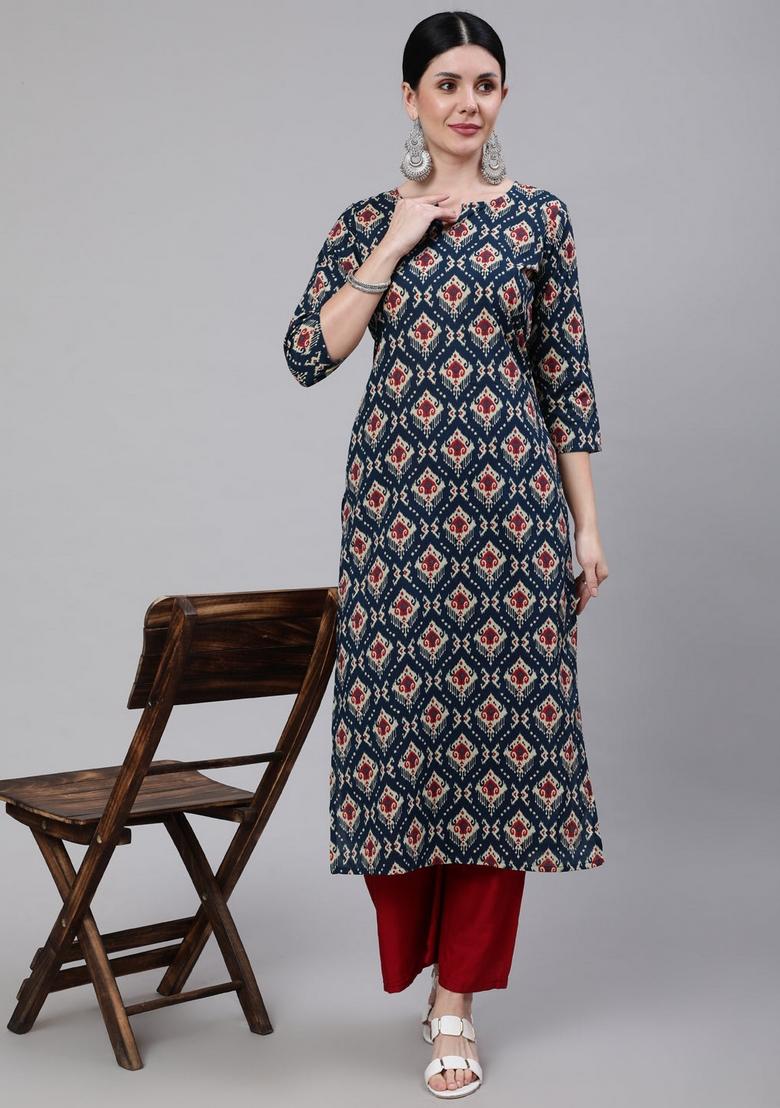 Blue Printed Cotton Kurta - Indya