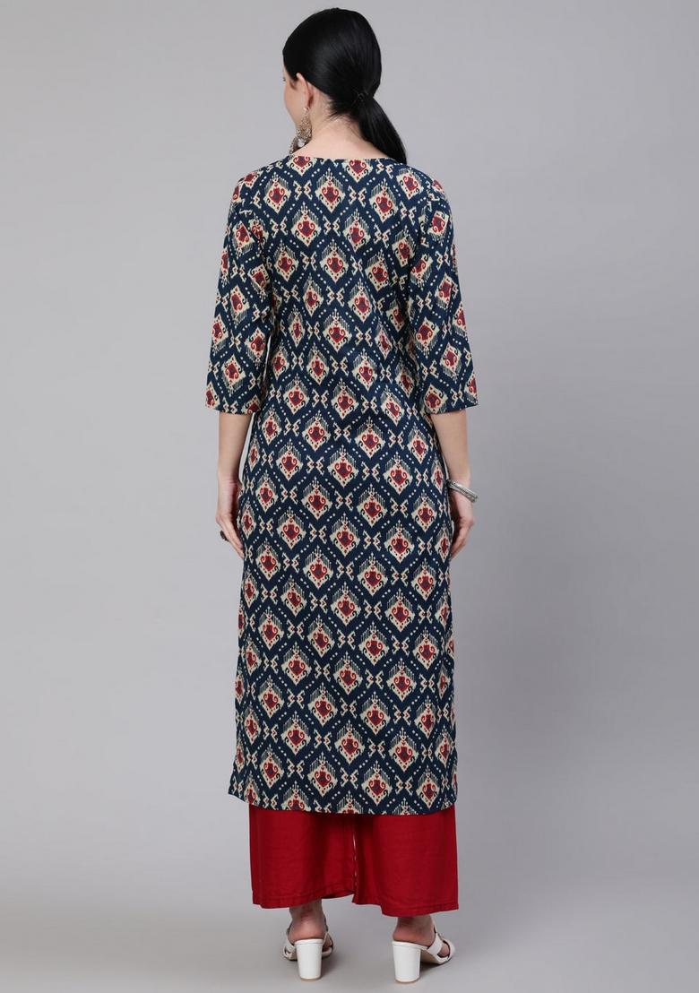 Blue Printed Cotton Kurta - Indya