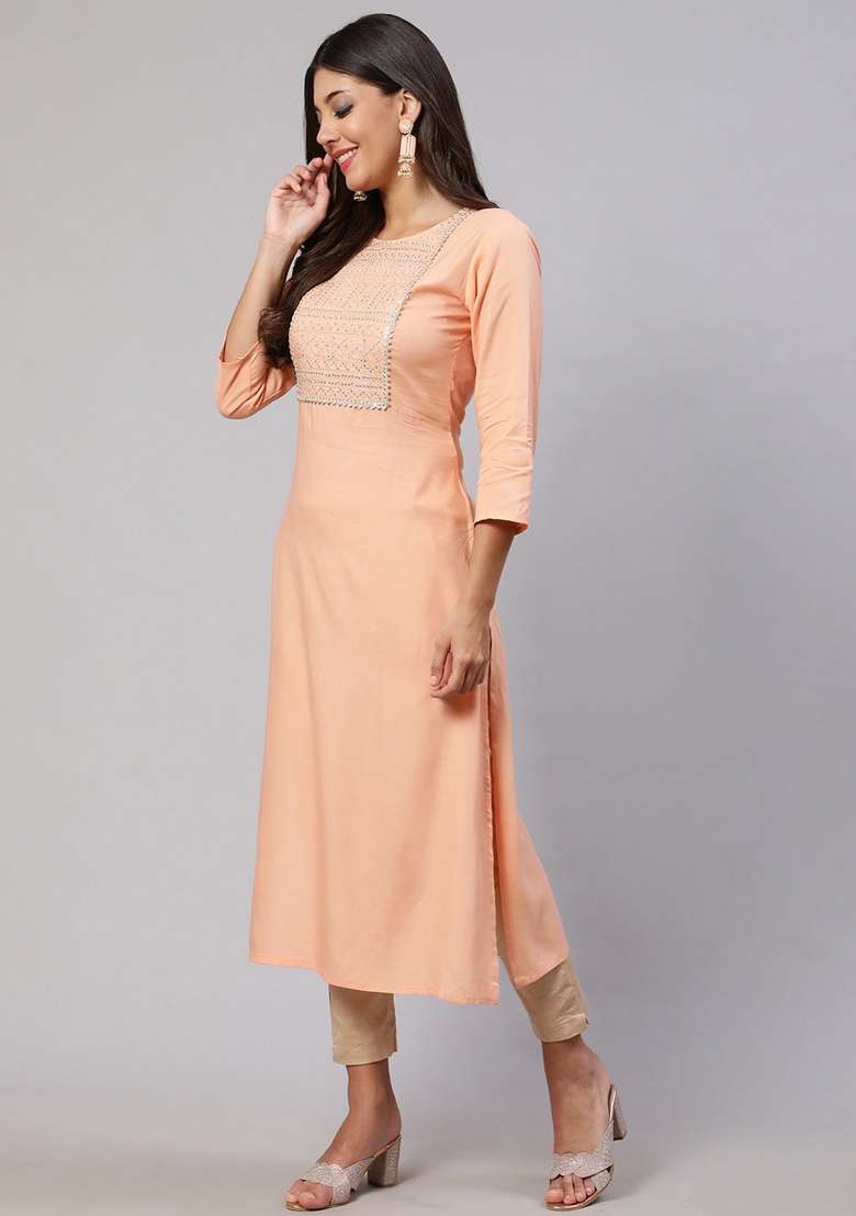 Peach Embroidered Cotton Kurta - Indya