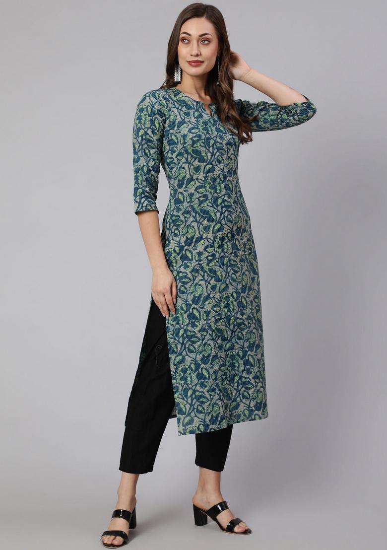 Green Printed Cotton Kurta - Indya