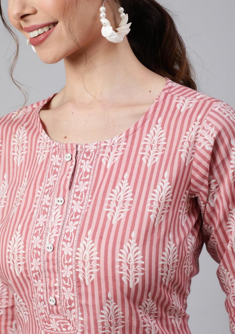 Pink Printed Cotton Kurta - Indya