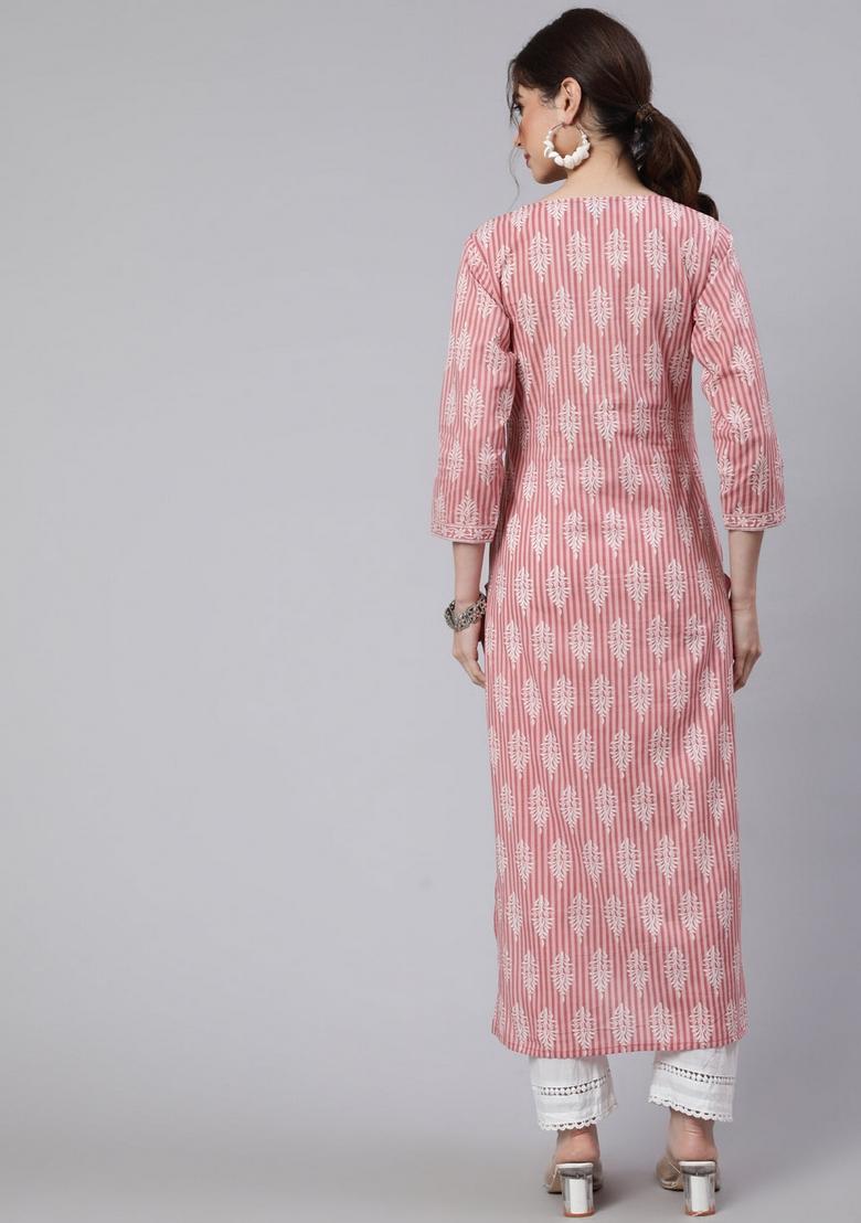 Pink Printed Cotton Kurta - Indya