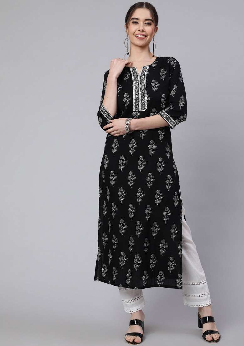 Black Printed Cotton Straight Kurta Set - Indya