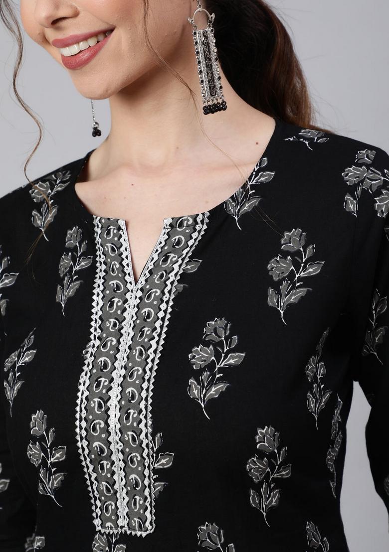 Black Printed Cotton Kurta - Indya