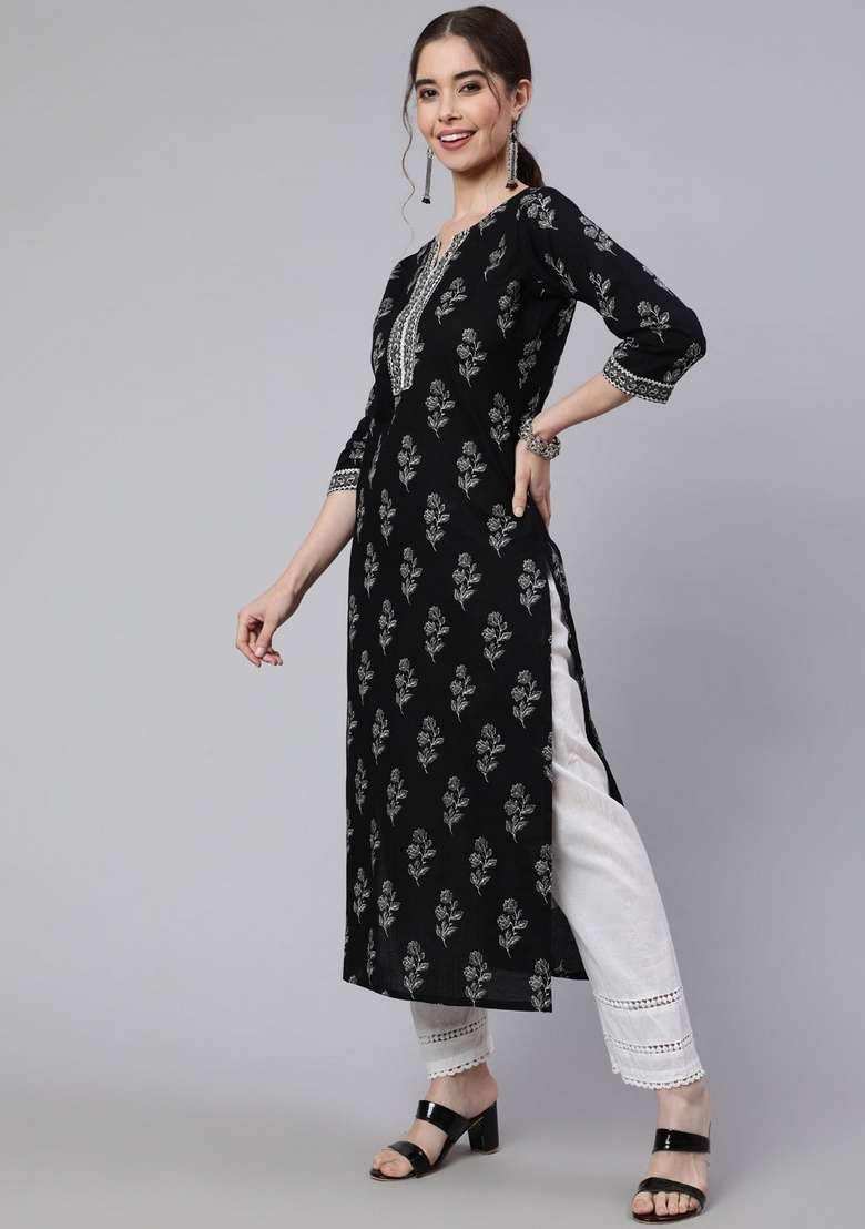 Black Printed Cotton Straight Kurta Set - Indya