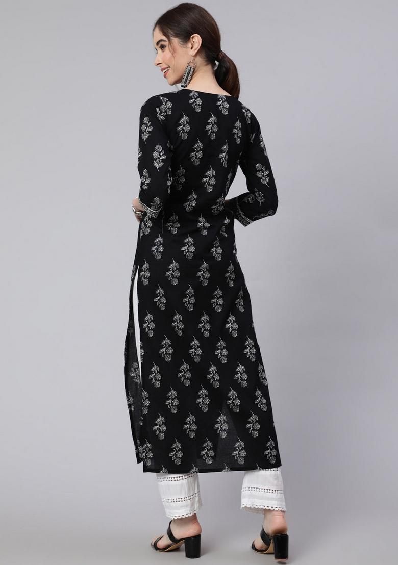 Black Printed Cotton Kurta - Indya