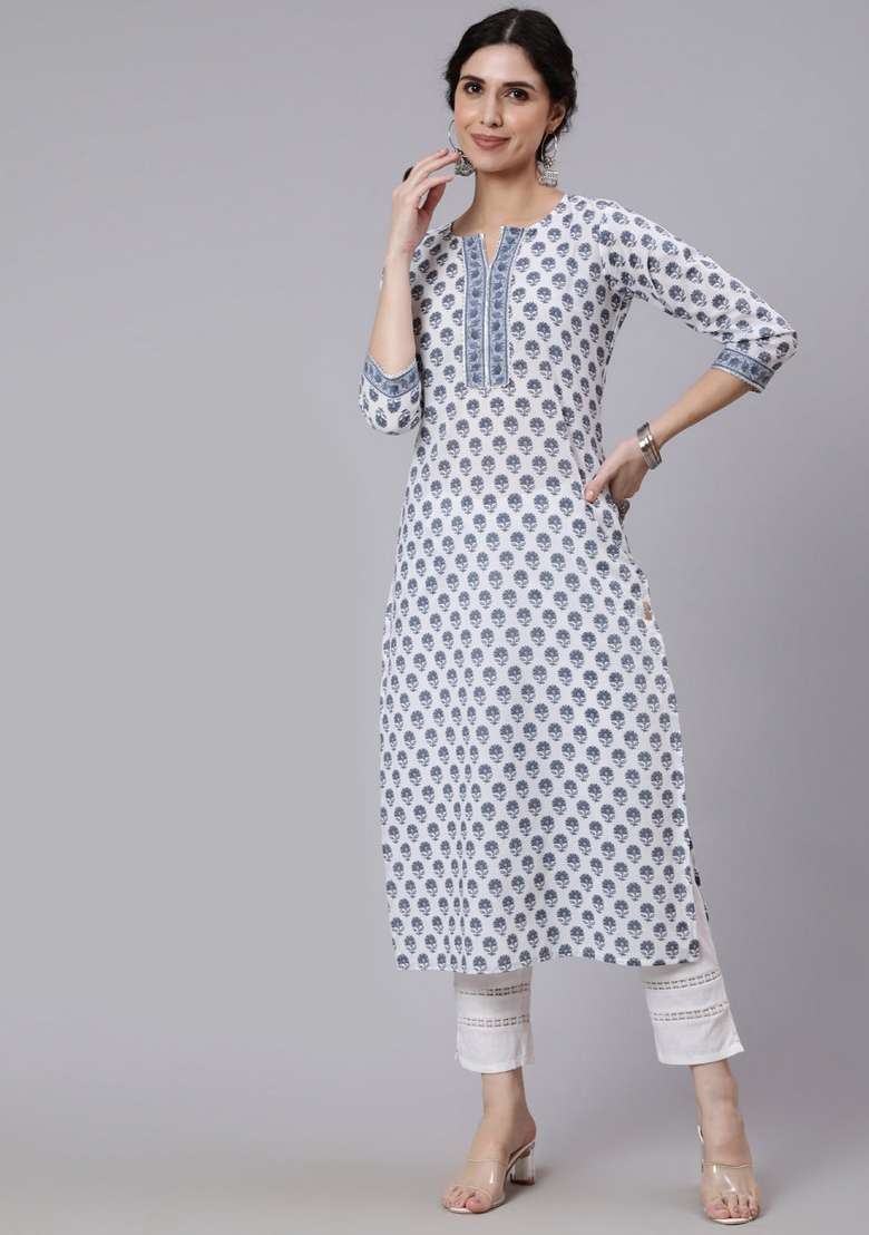 Off White Printed Cotton Straight Kurta Set - Indya