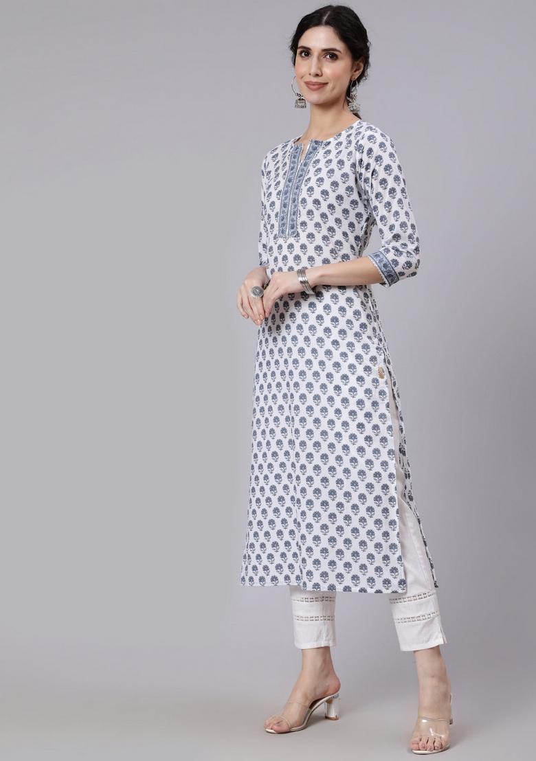 Off White Printed Cotton Kurta - Indya
