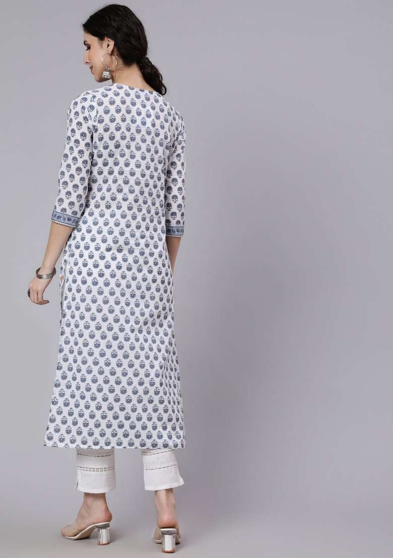 Off White Printed Cotton Straight Kurta Set - Indya