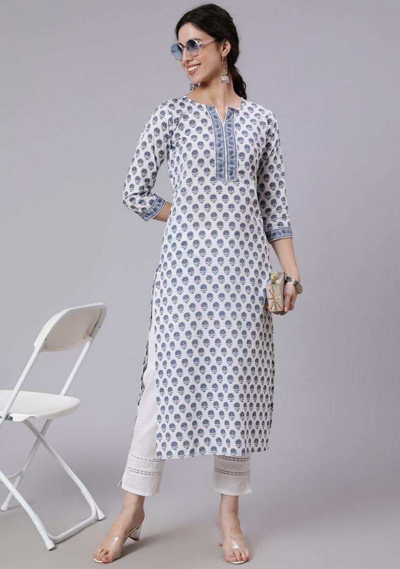 Off White Printed Cotton Kurta - Indya