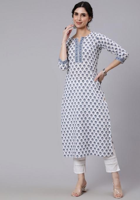 Off White Printed Cotton Kurta