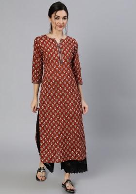 Maroon Printed Cotton Kurta