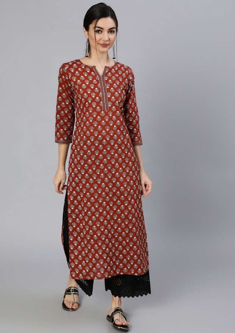 Maroon Printed Cotton Straight Kurta Set - Indya