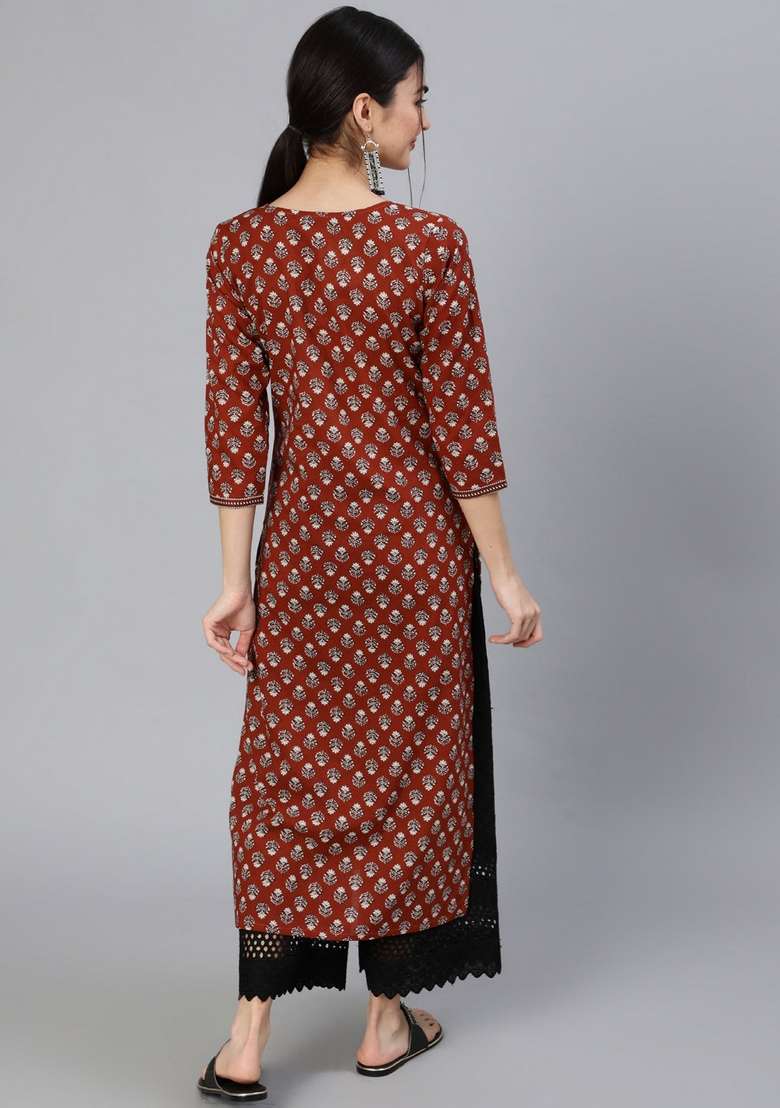 Maroon Printed Cotton Straight Kurta Set - Indya