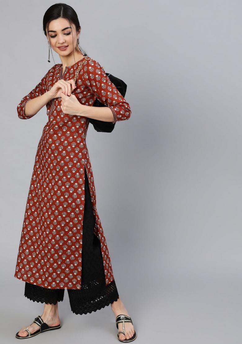 Maroon Printed Cotton Kurta - Indya