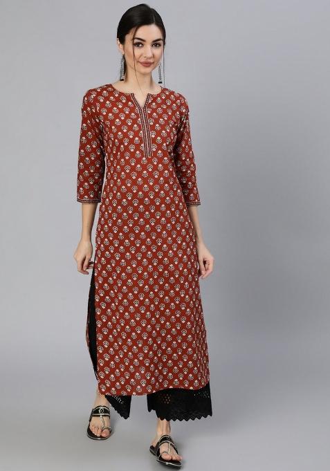 Maroon Printed Cotton Kurta