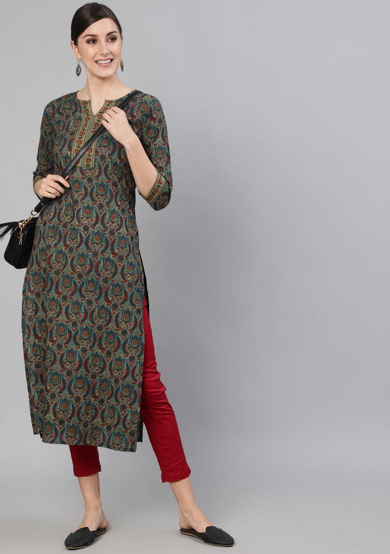 Blue Printed Cotton Kurta - Indya