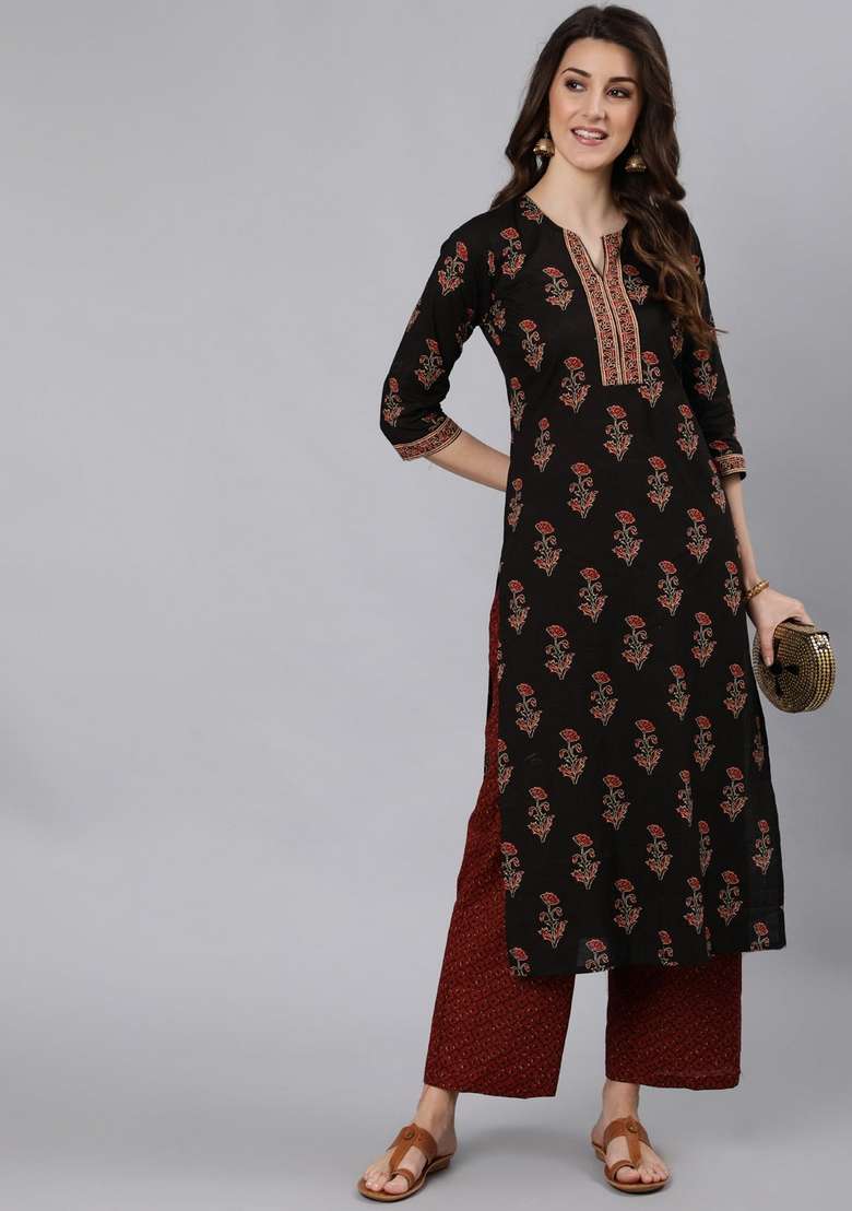 Black Printed Cotton Straight Kurta Set - Indya