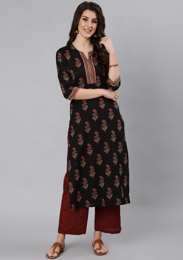 Black Printed Cotton Kurta - Indya