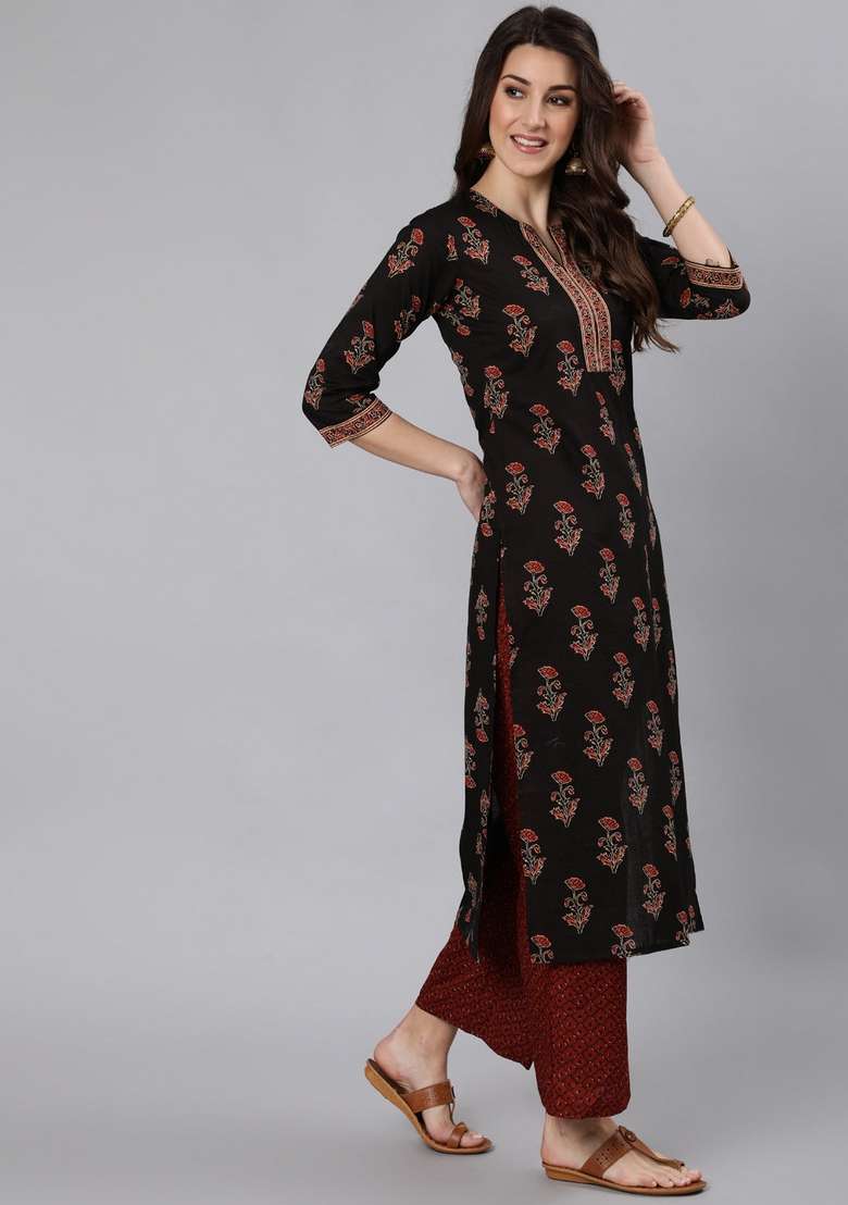 Black Printed Cotton Straight Kurta Set - Indya