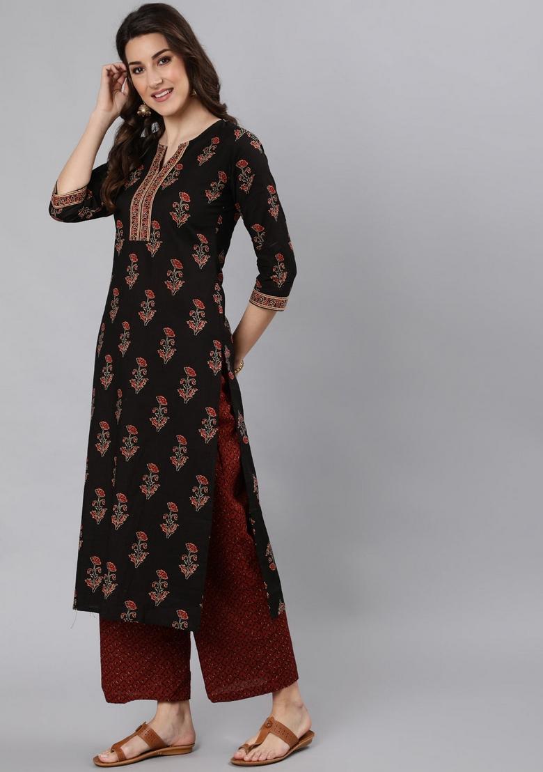 Black Printed Cotton Kurta - Indya