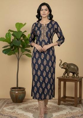 Navy Blue Printed Cotton Kurta