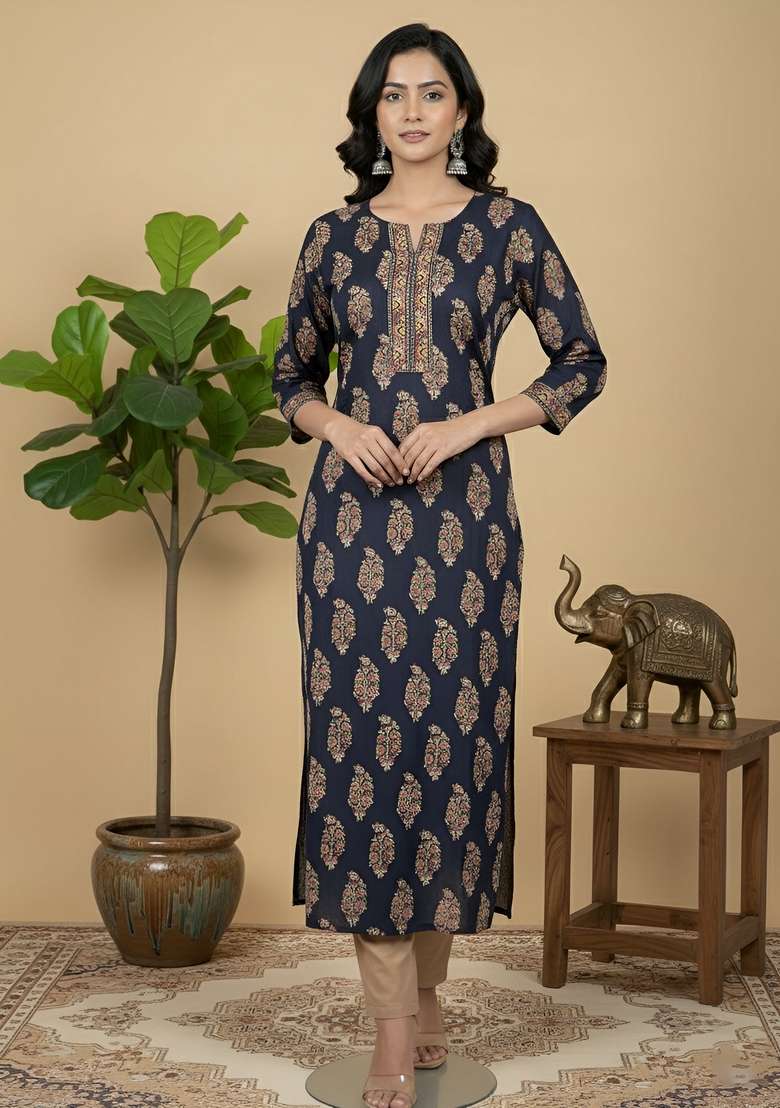 Navy Blue Printed Cotton Kurta - Indya