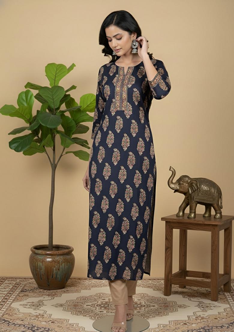 Navy Blue Printed Cotton Kurta - Indya