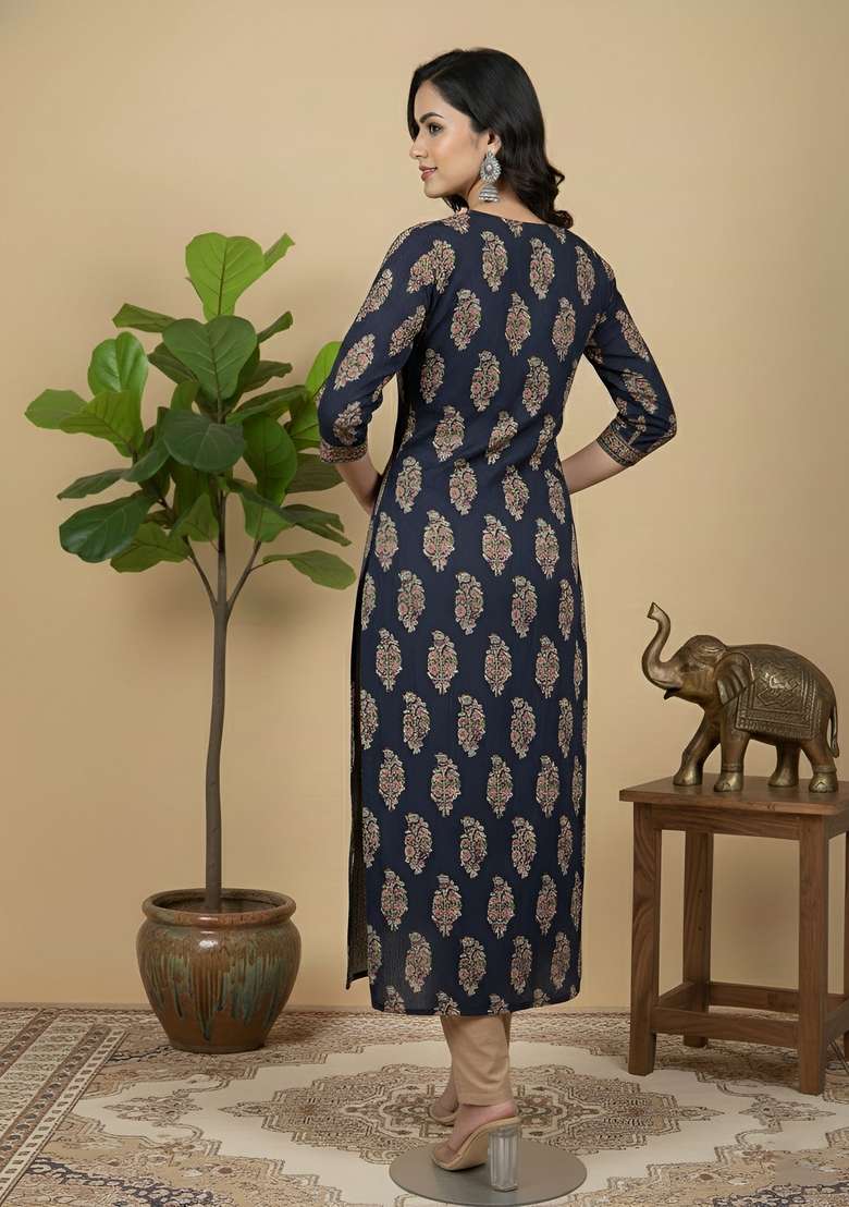Navy Blue Printed Cotton Kurta - Indya