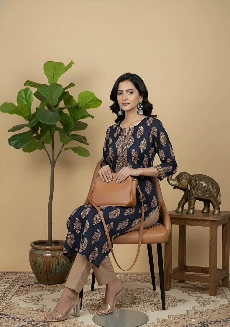 Navy Blue Printed Cotton Kurta - Indya