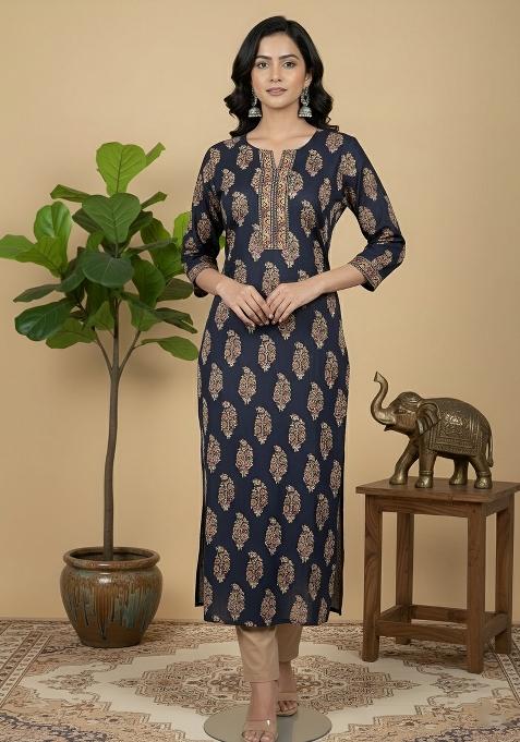 Navy Blue Printed Cotton Kurta